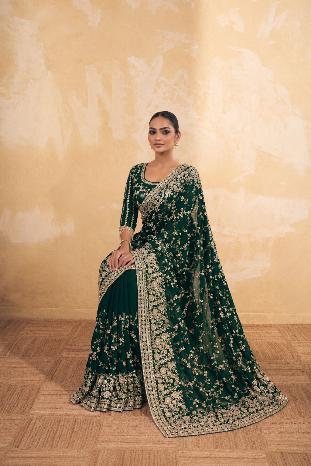 Bottle Green Organza Saree with Embroidery work