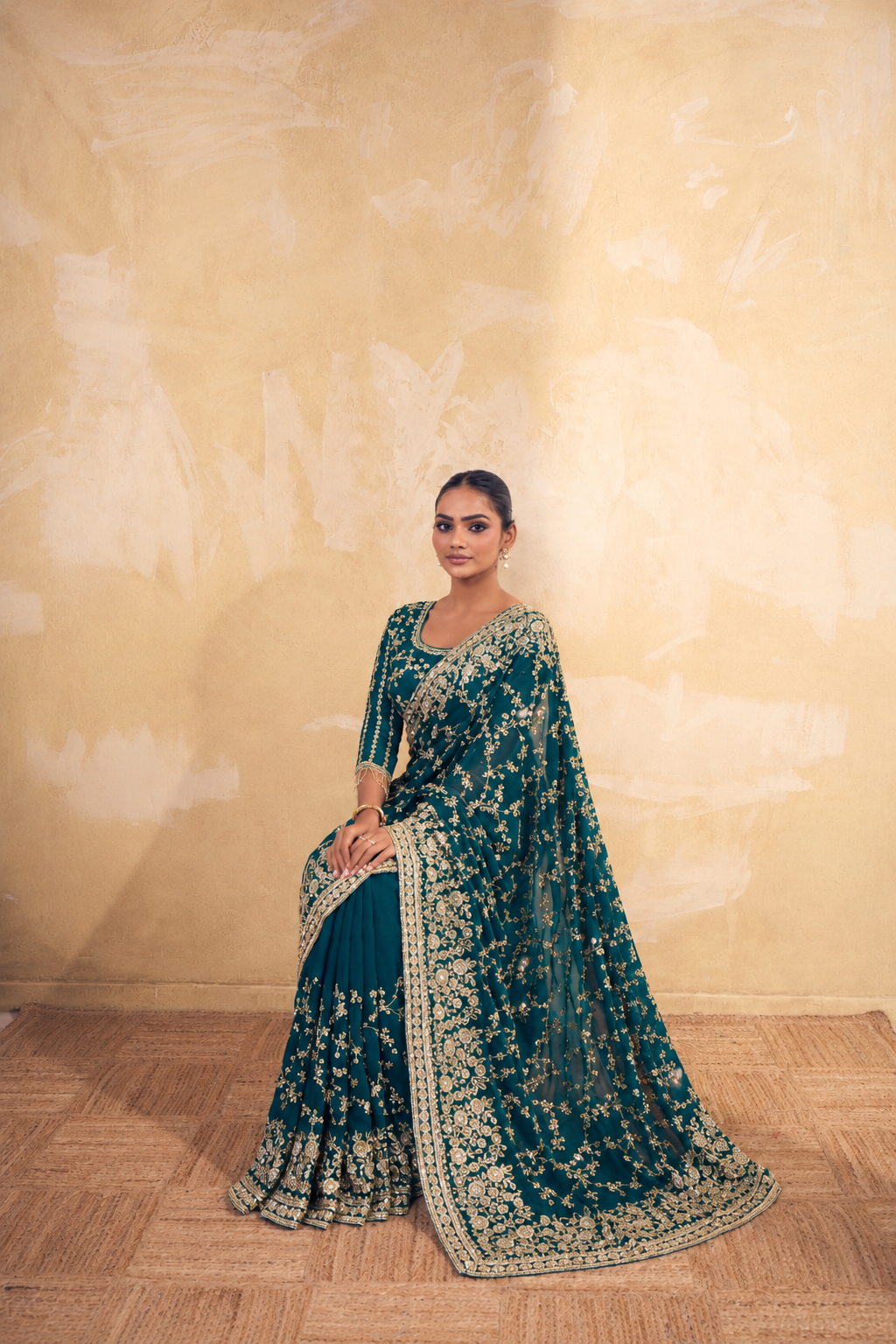 Teal Green Organza Saree with Embroidery work