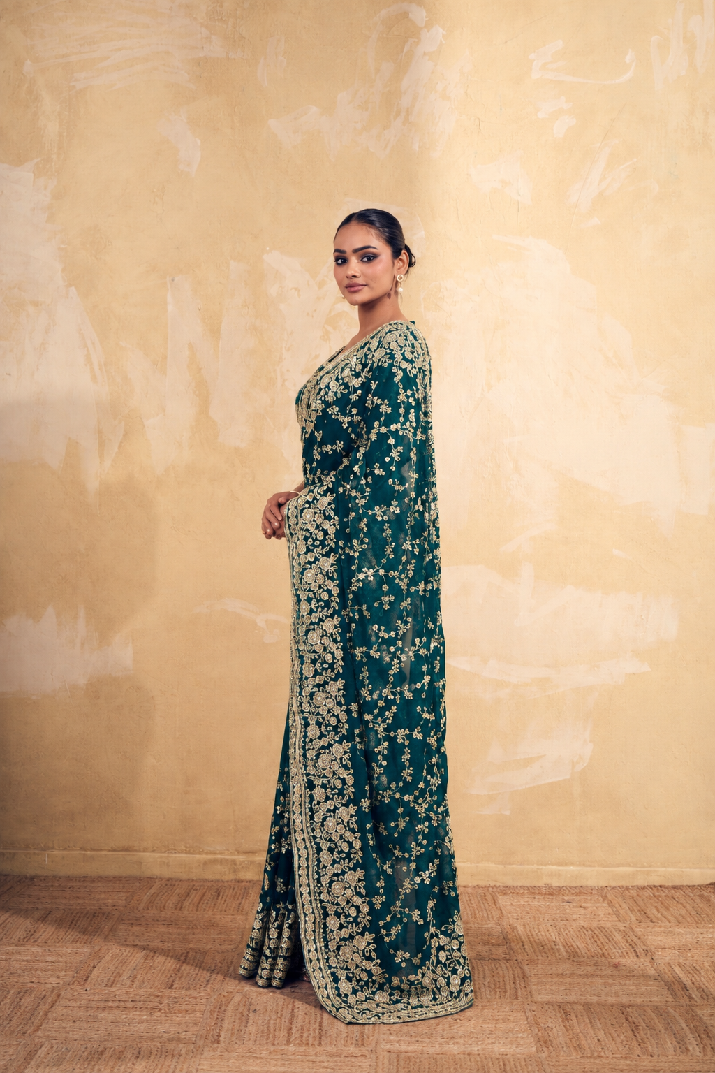 Teal Green Organza Saree with Embroidery work