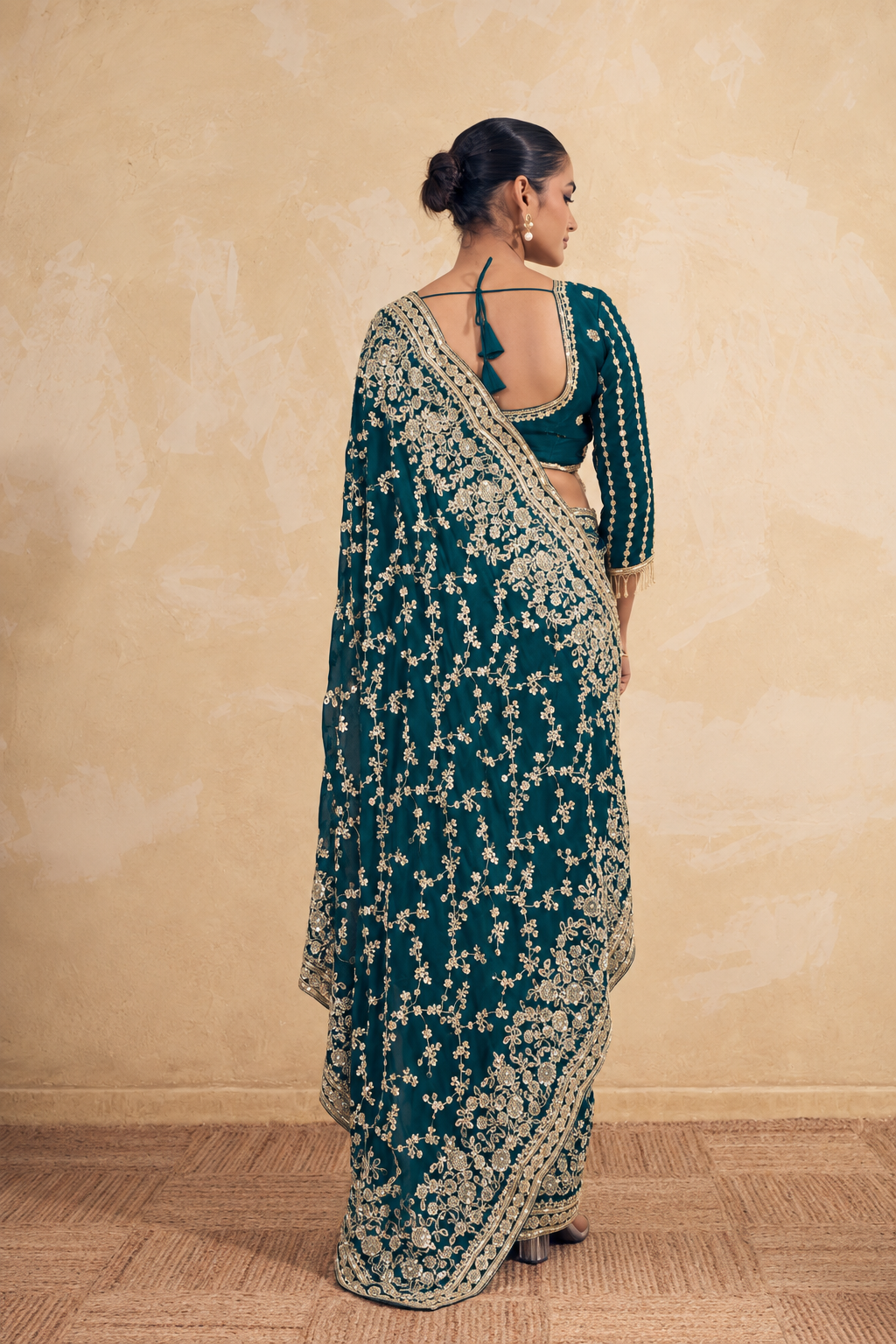 Teal Green Organza Saree with Embroidery work