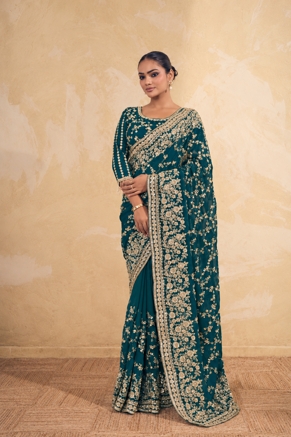 Teal Green Organza Saree with Embroidery work