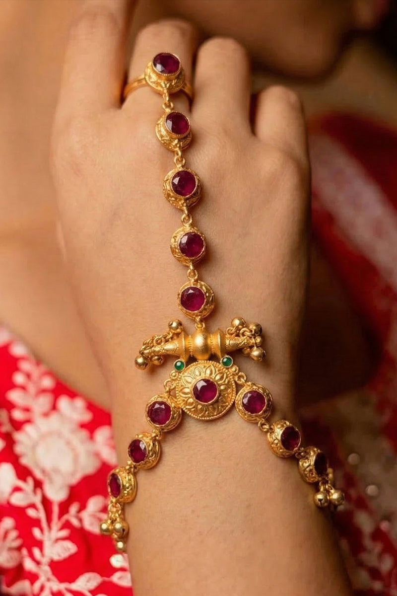 Royal Red Stone Golden Hathphool Bracelet with Jhumka Drop