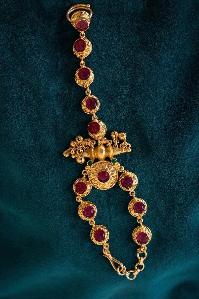 Royal Red Stone Golden Hathphool Bracelet with Jhumka Drop