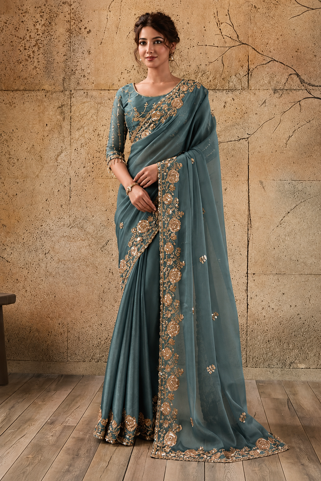 Steel Blue Organza Saree with Floral Hand Embroidery