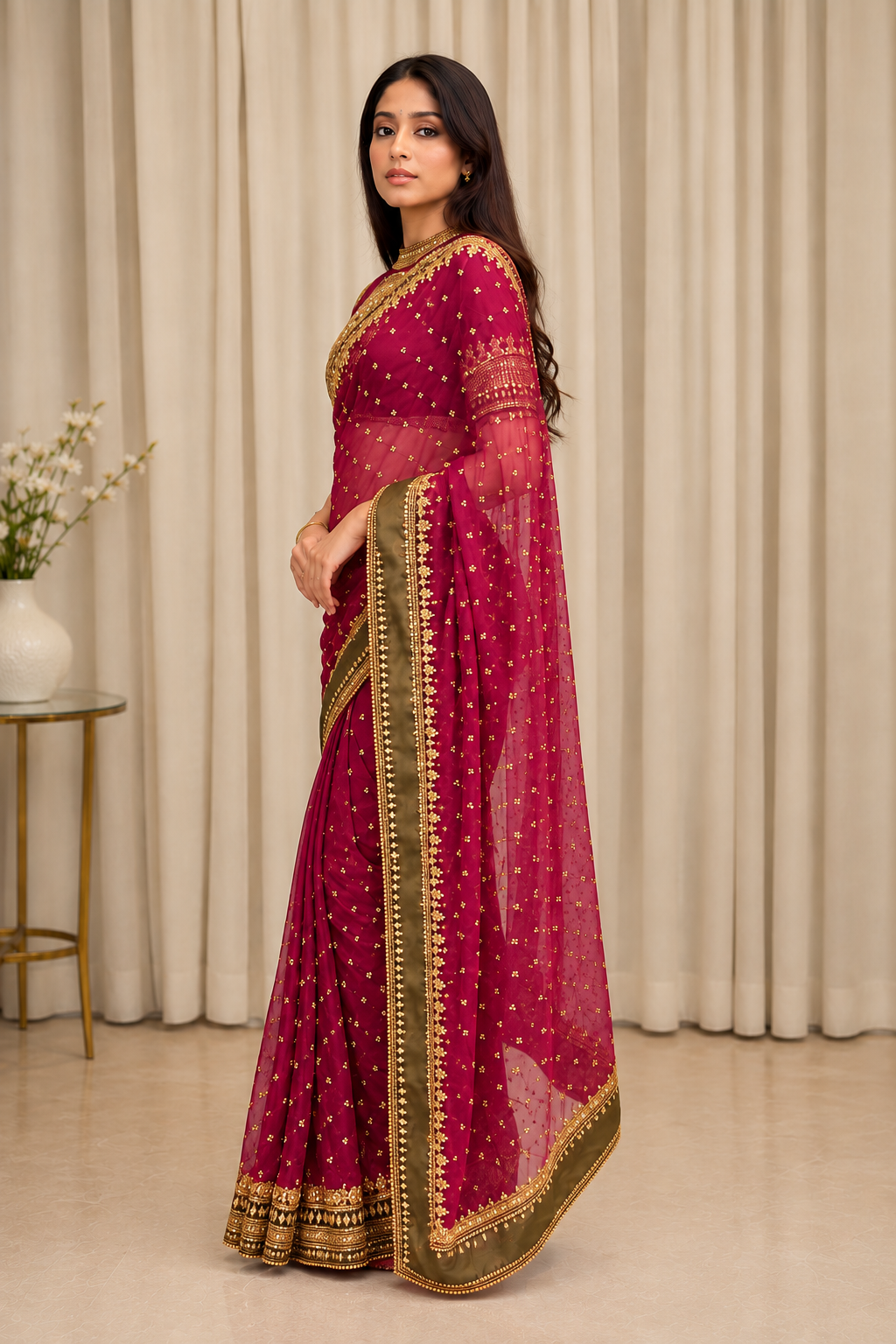 Magenta Pink Organza Saree with Rich Embroidered Gold Border