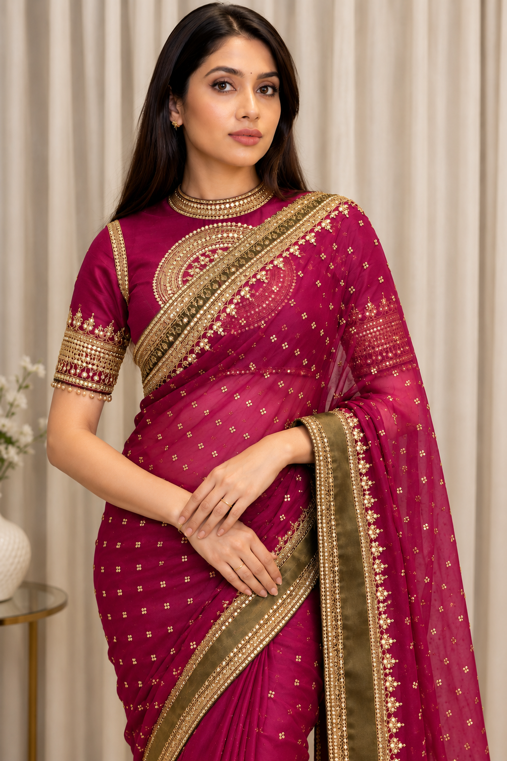 Magenta Pink Organza Saree with Rich Embroidered Gold Border