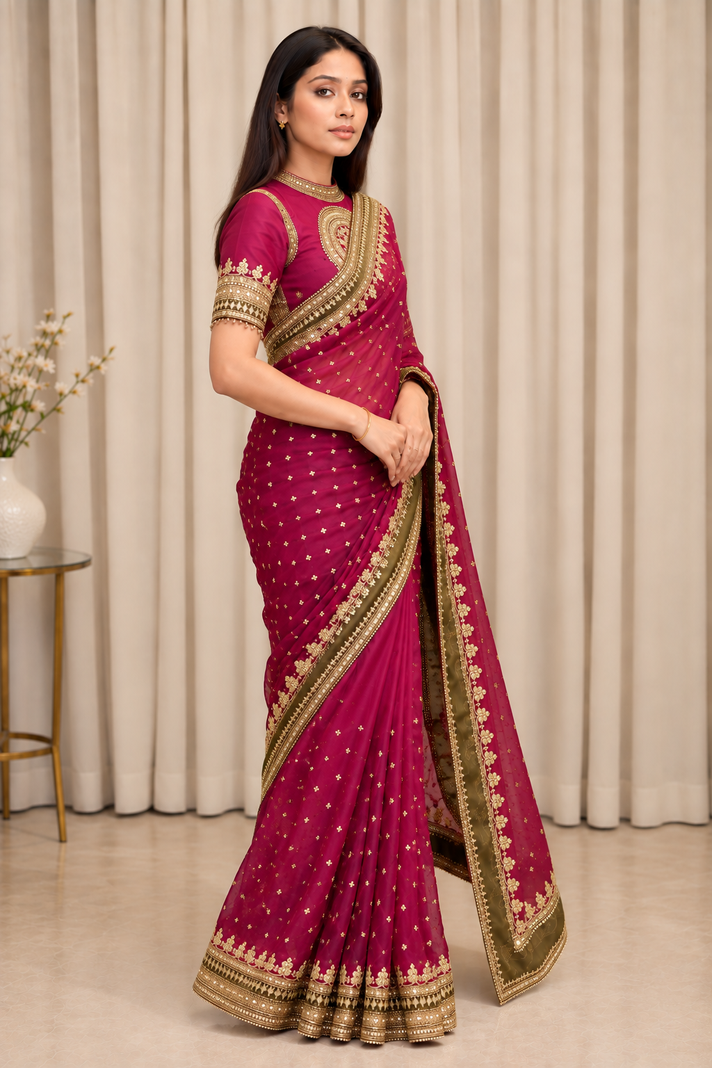Magenta Pink Organza Saree with Rich Embroidered Gold Border