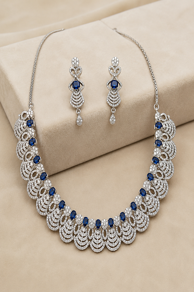 Midnight Blue Square-Cut Stone Necklace Set with Layered Diamond Fan Motif