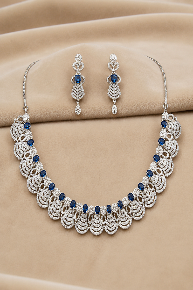 Midnight Blue Square-Cut Stone Necklace Set with Layered Diamond Fan Motif