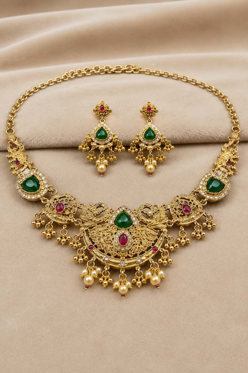 Gold Peacock Temple Necklace Set with Green & Ruby Stones and Pearl Drops