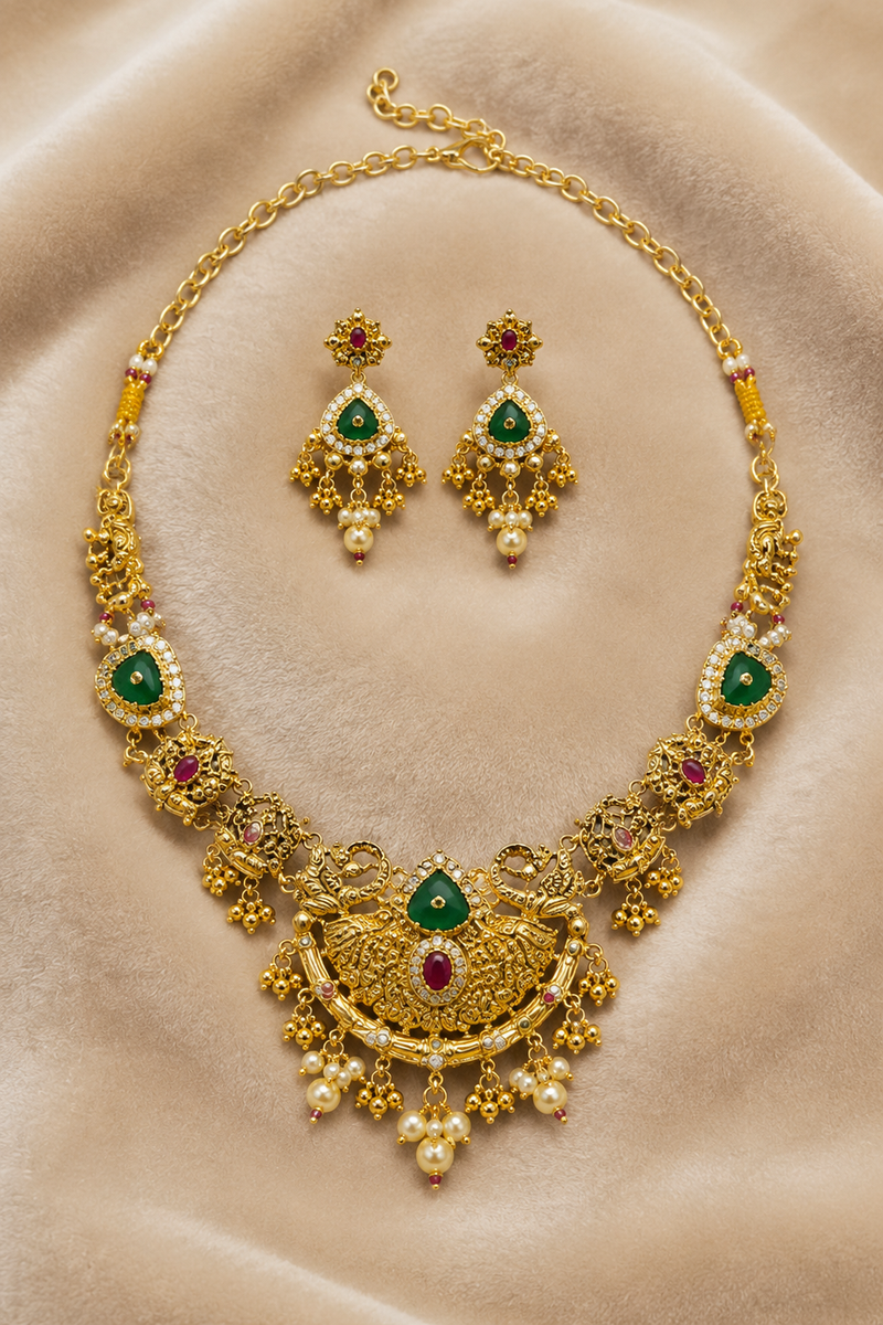 Gold Peacock Temple Necklace Set with Green & Ruby Stones and Pearl Drops