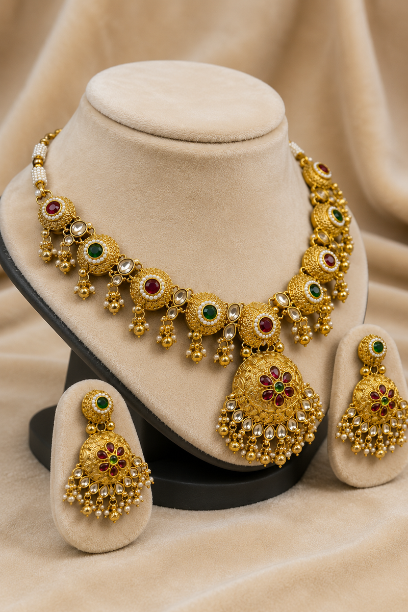 Gold Kundan Necklace Set with Floral Pendant, Ruby & Green Stone Design