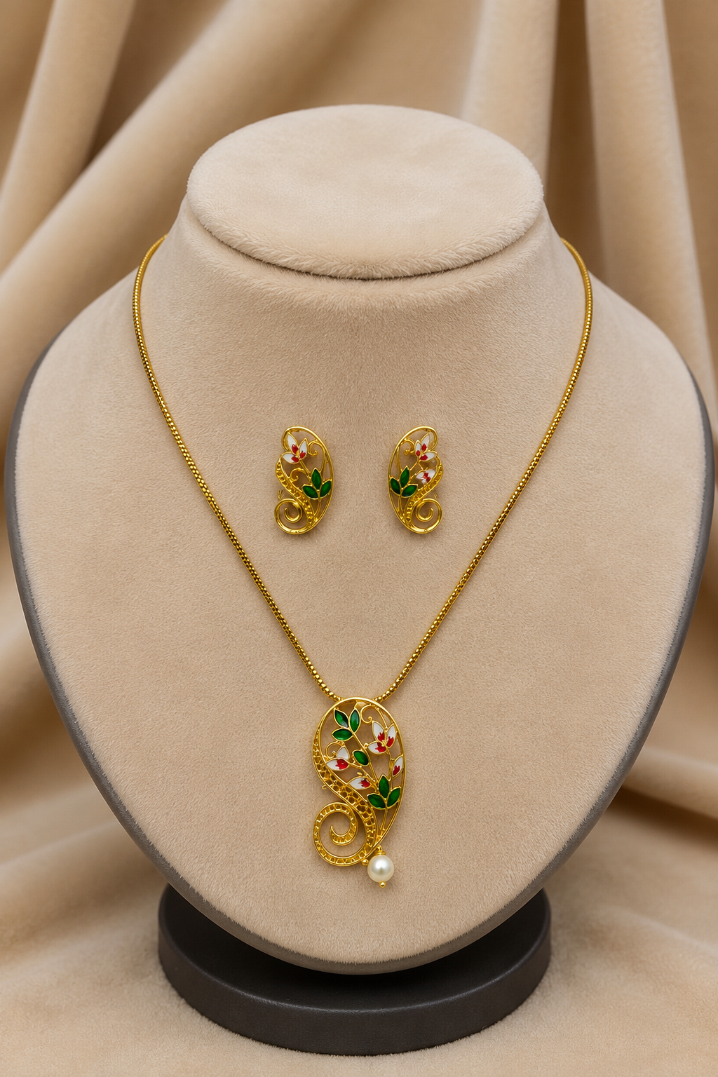 Gold-Tone Pendant Set Pink & Green Enamel Floral Pearl with Earrings