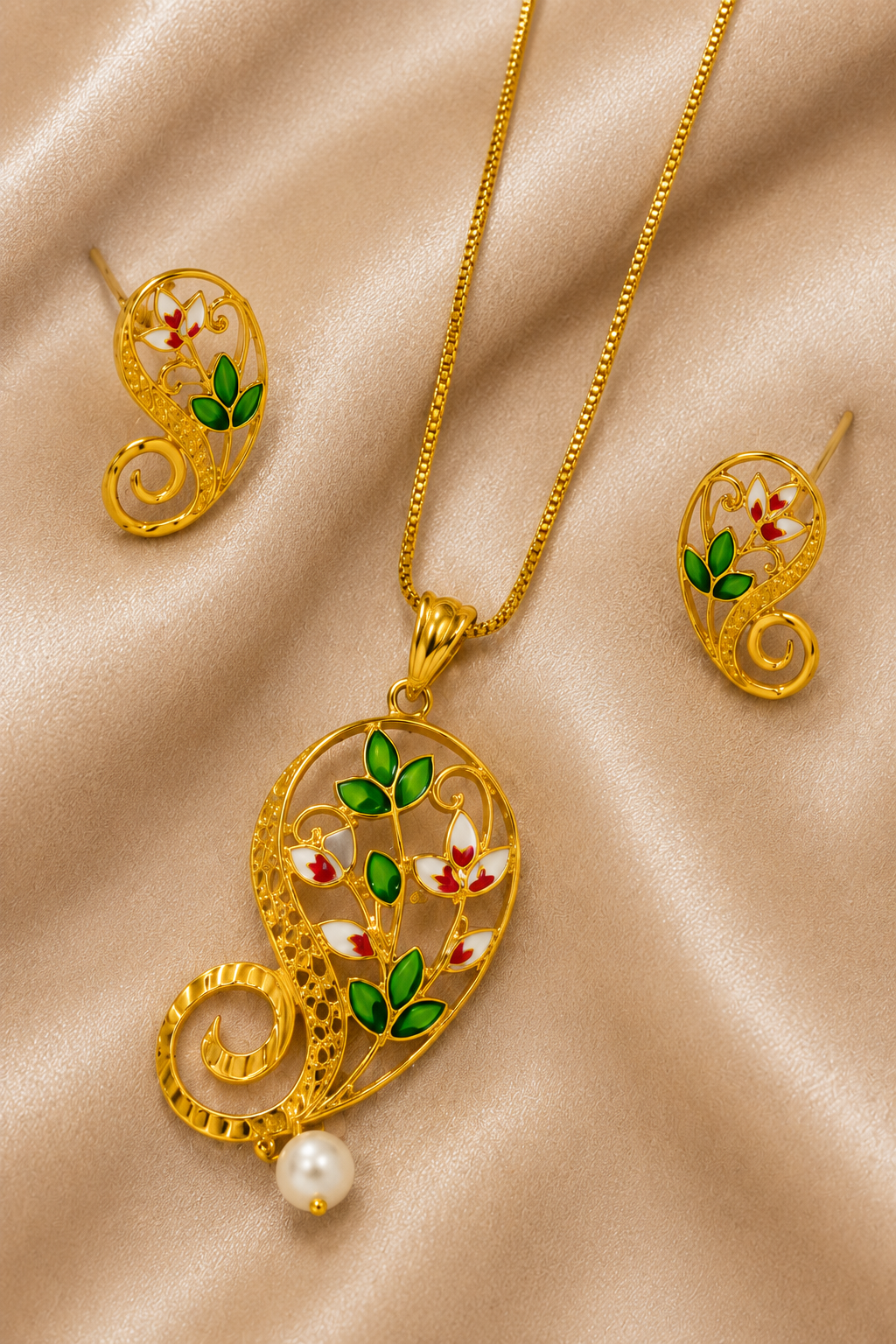 Gold-Tone Pendant Set Pink & Green Enamel Floral Pearl with Earrings