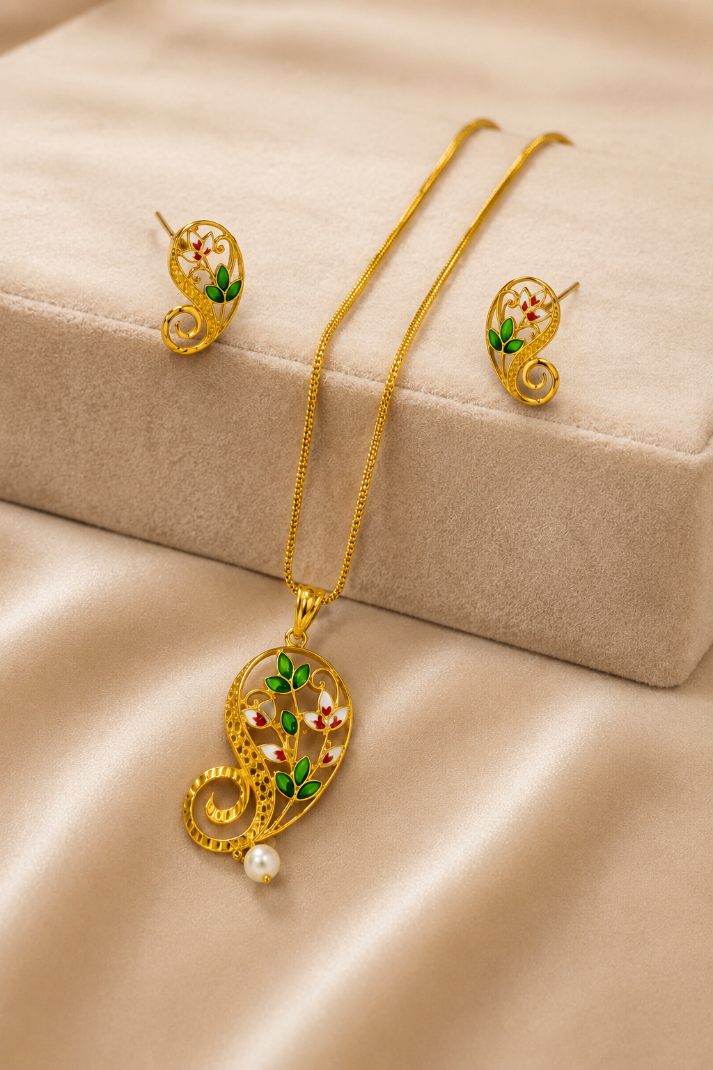 Gold-Tone Pendant Set Pink & Green Enamel Floral Pearl with Earrings