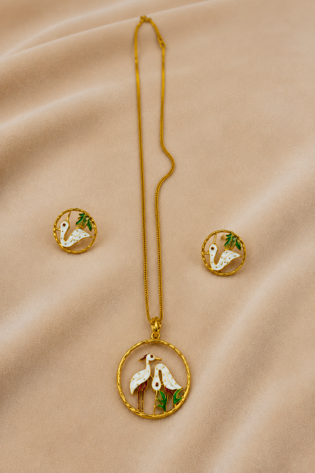 Gold-Tone Bird Motif Pendant Necklace Set with Enamel Design