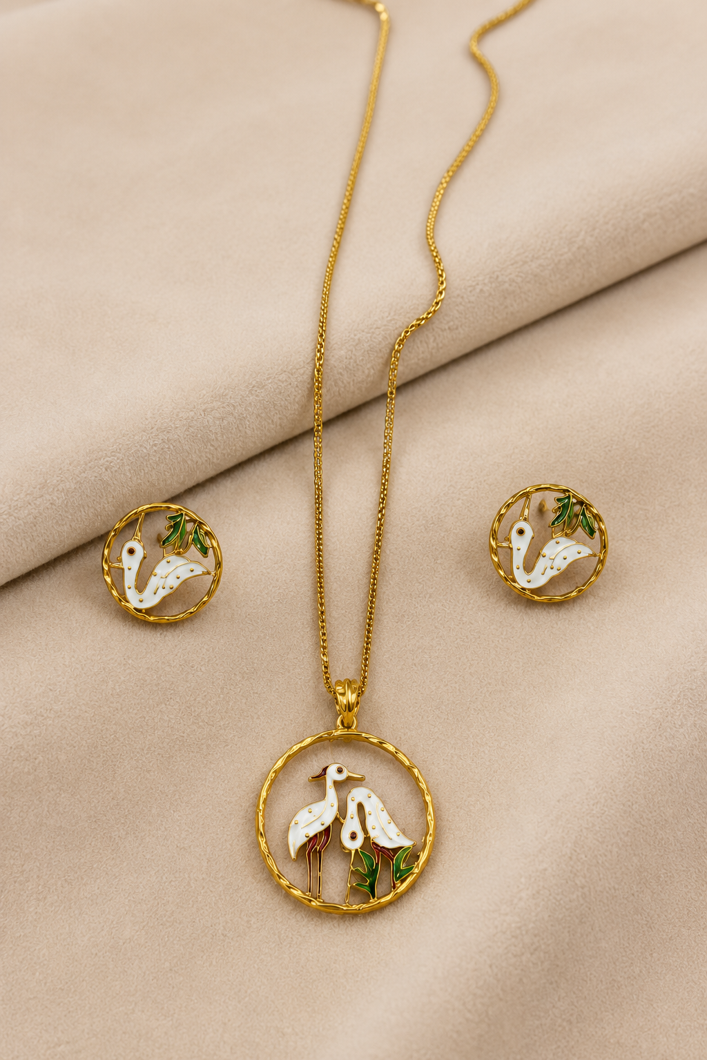 Gold-Tone Bird Motif Pendant Necklace Set with Enamel Design