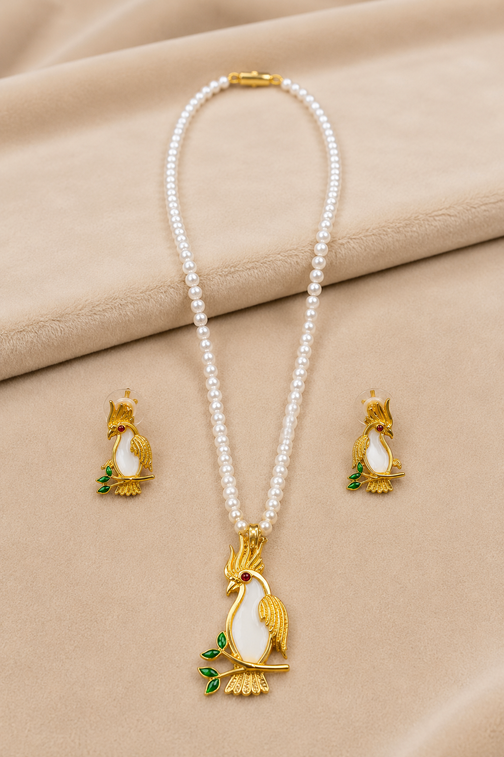 Gold-Tone White Enamel Cockatoo Bird Pearl Necklace Set with Matching Earrings