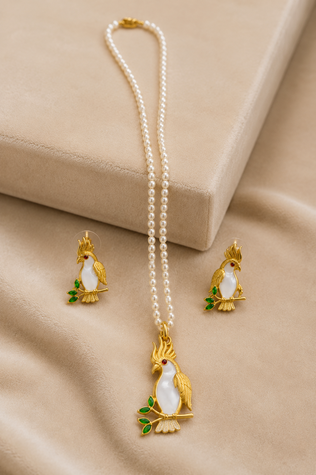 Gold-Tone White Enamel Cockatoo Bird Pearl Necklace Set with Matching Earrings