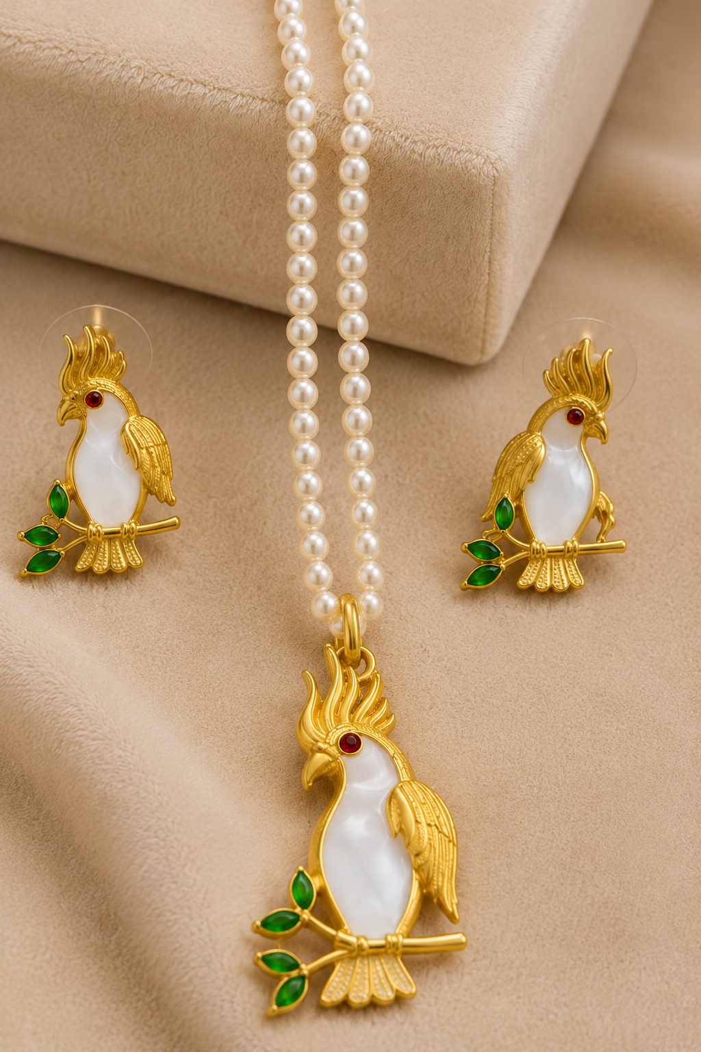 Gold-Tone White Enamel Cockatoo Bird Pearl Necklace Set with Matching Earrings