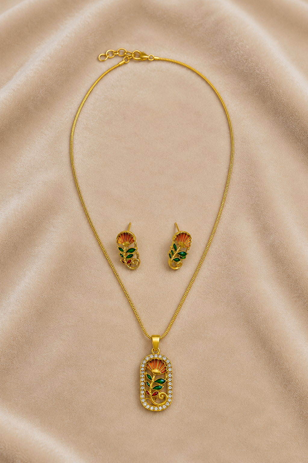 Gold-Tone CZ Floral Pendant Necklace Set with Green & Red Enamel Leaves