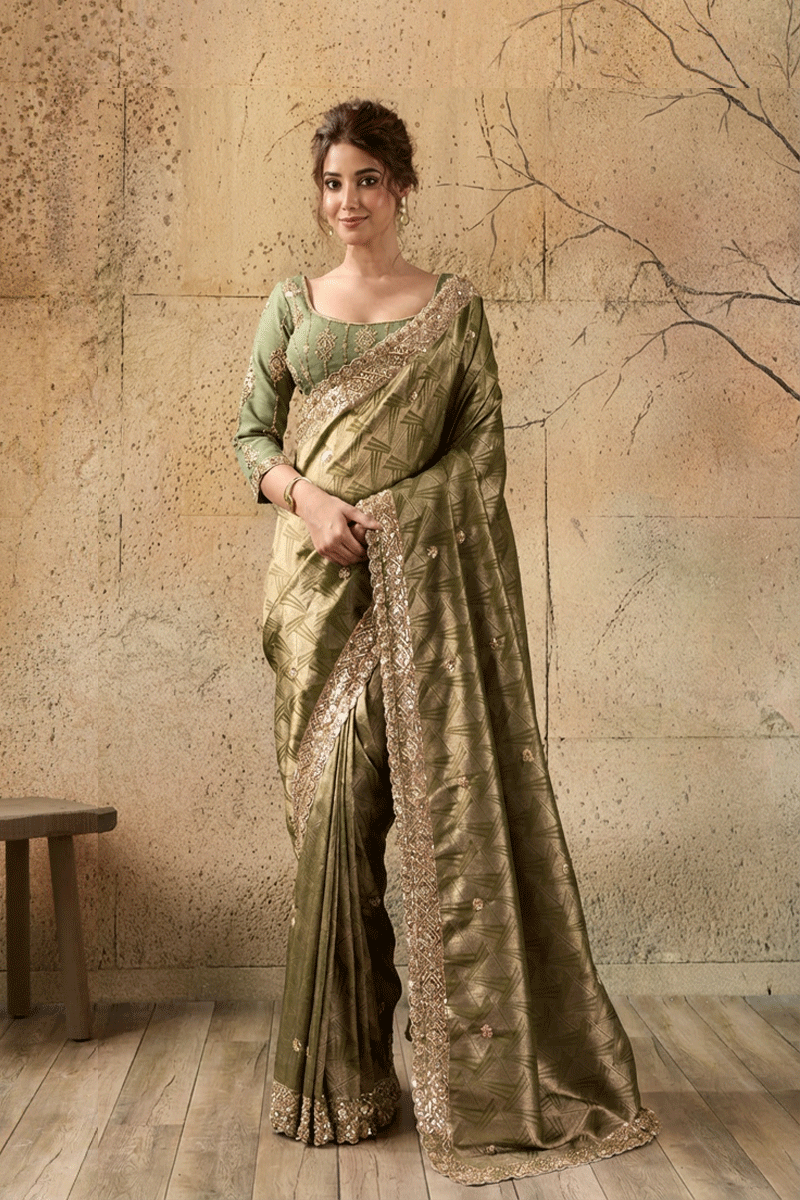 Mehandi Green Organza Silk Saree with Zari Hand Embroidery with Stitched Blouse