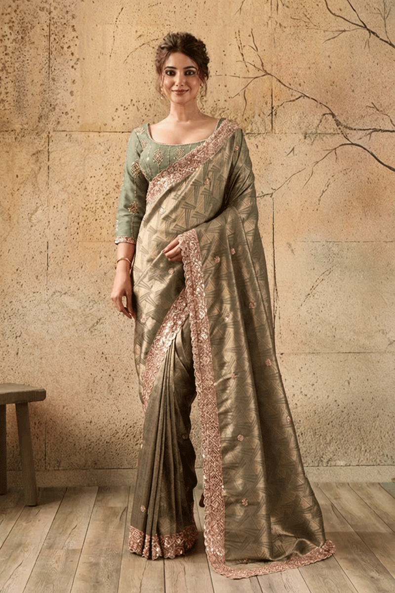 Mehandi Green Organza Silk Saree with Zari Hand Embroidery with Stitched Blouse