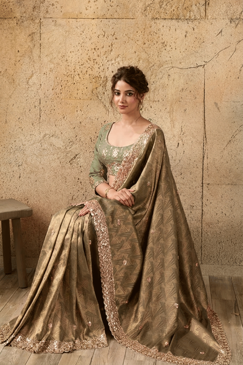 Mehandi Green Organza Silk Saree with Zari Hand Embroidery with Stitched Blouse