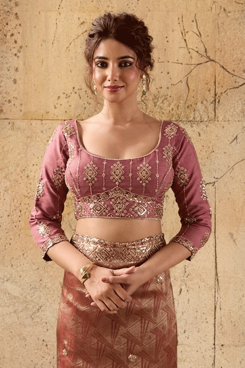 Pink Organza Silk Saree with Zari Hand Embroidery with Stitched Blouse