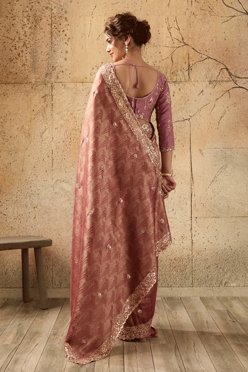 Pink Organza Silk Saree with Zari Hand Embroidery with Stitched Blouse
