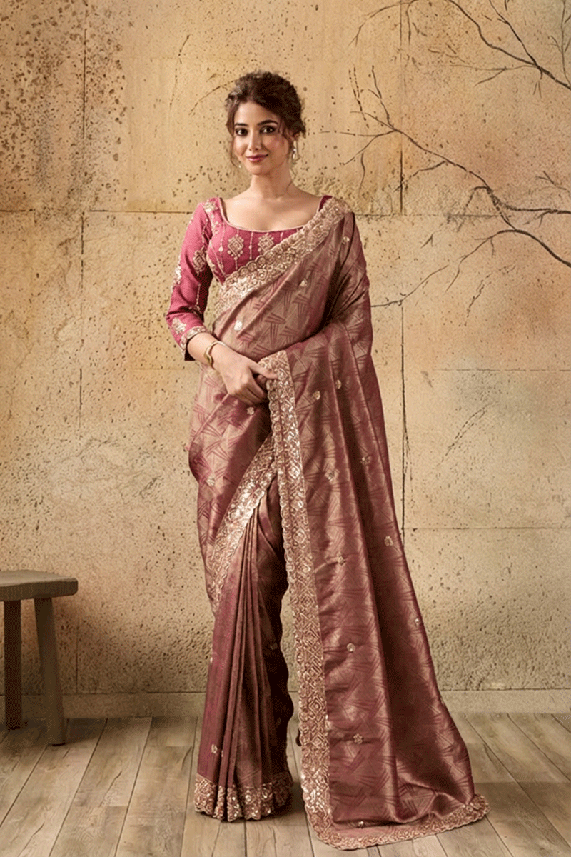 Pink Organza Silk Saree with Zari Hand Embroidery with Stitched Blouse