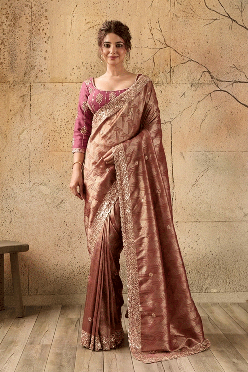 Pink Organza Silk Saree with Zari Hand Embroidery with Stitched Blouse