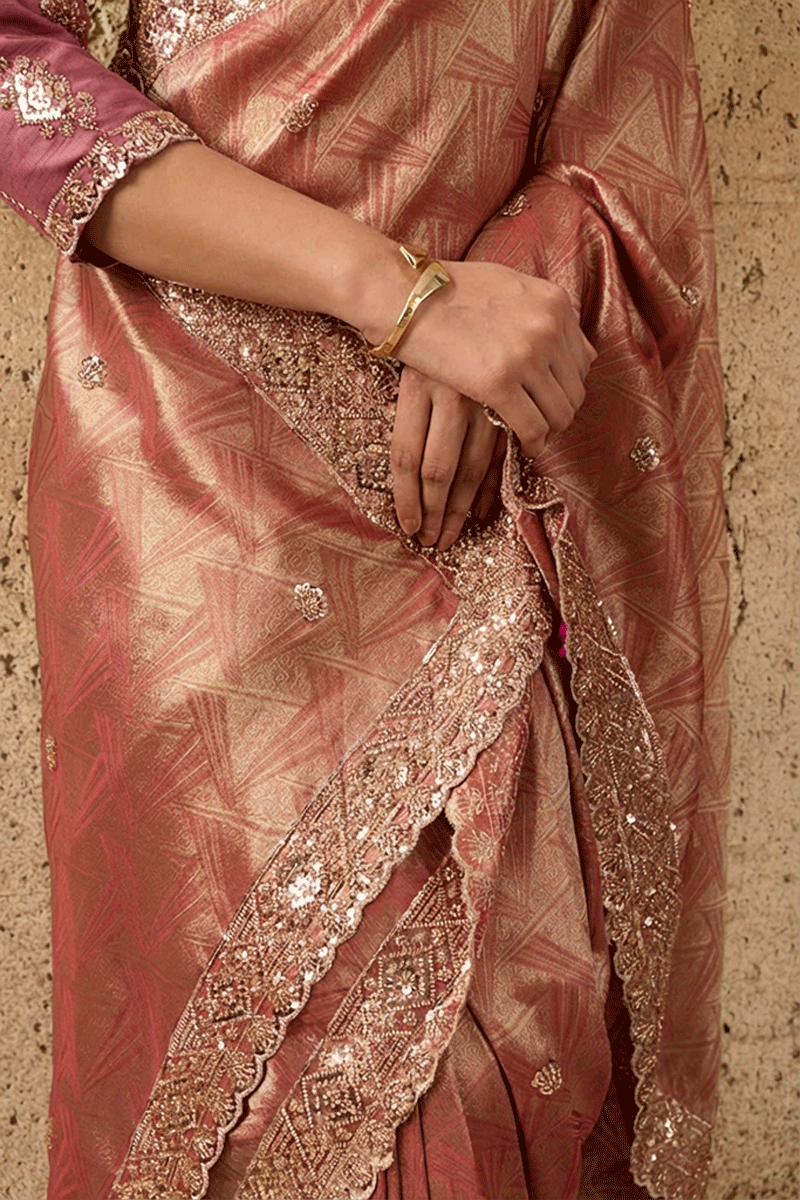 Pink Organza Silk Saree with Zari Hand Embroidery with Stitched Blouse