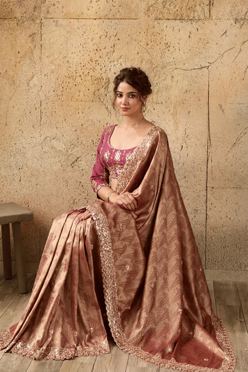 Pink Organza Silk Saree with Zari Hand Embroidery with Stitched Blouse