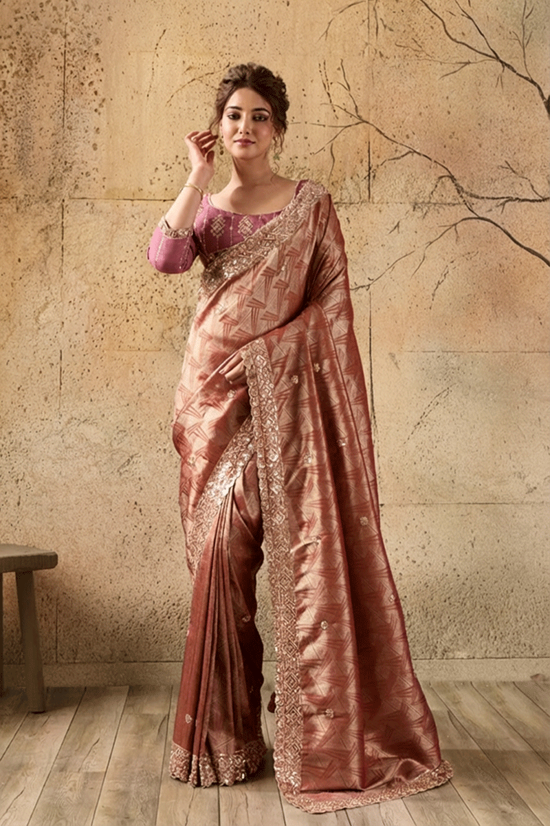 Pink Organza Silk Saree with Zari Hand Embroidery with Stitched Blouse