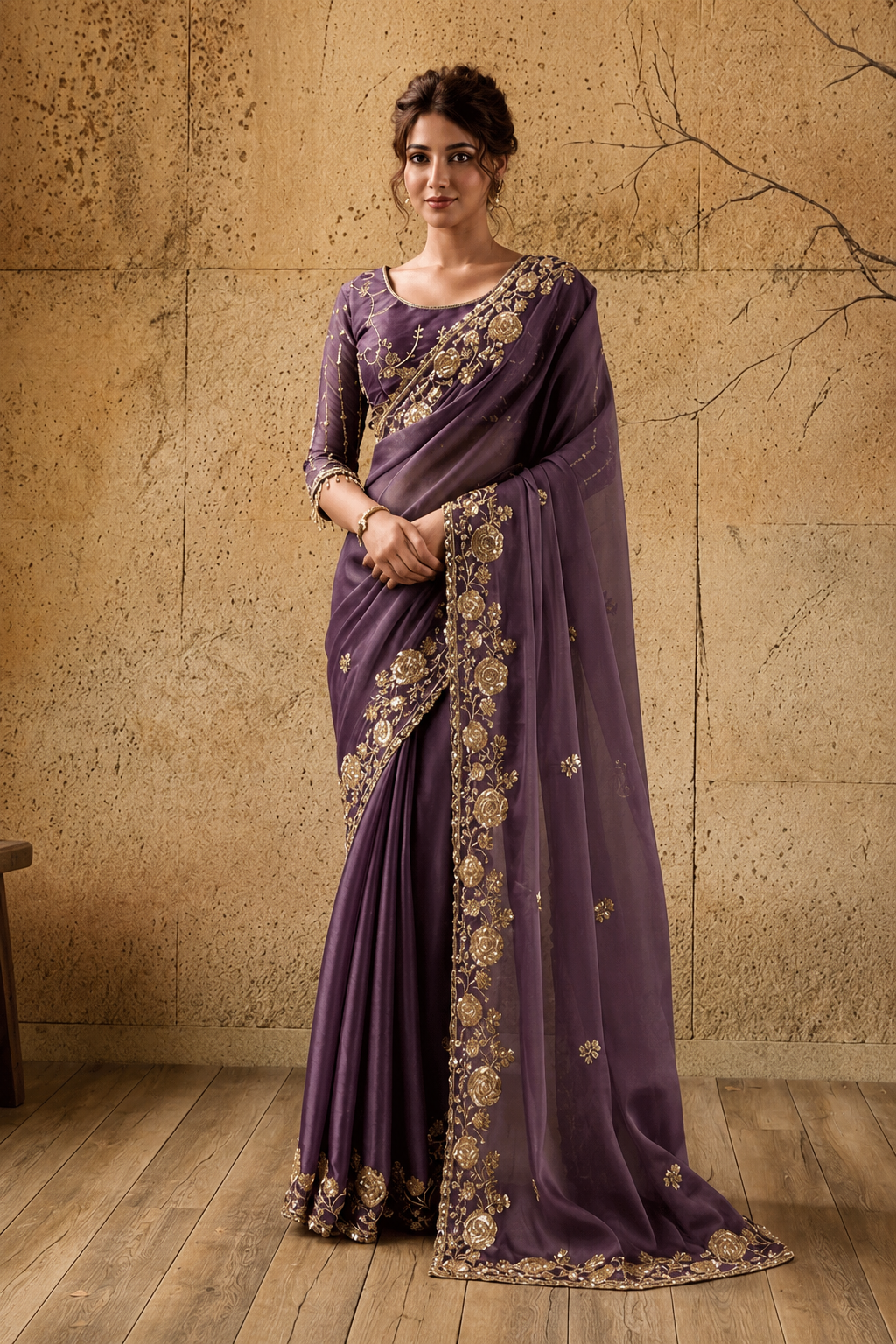 Mauve Purple Organza Saree with Floral Hand Embroidery