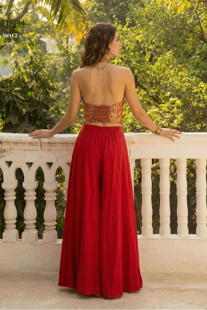 Red Jacquard Waistcost with Flared Crepe Palazzo Set