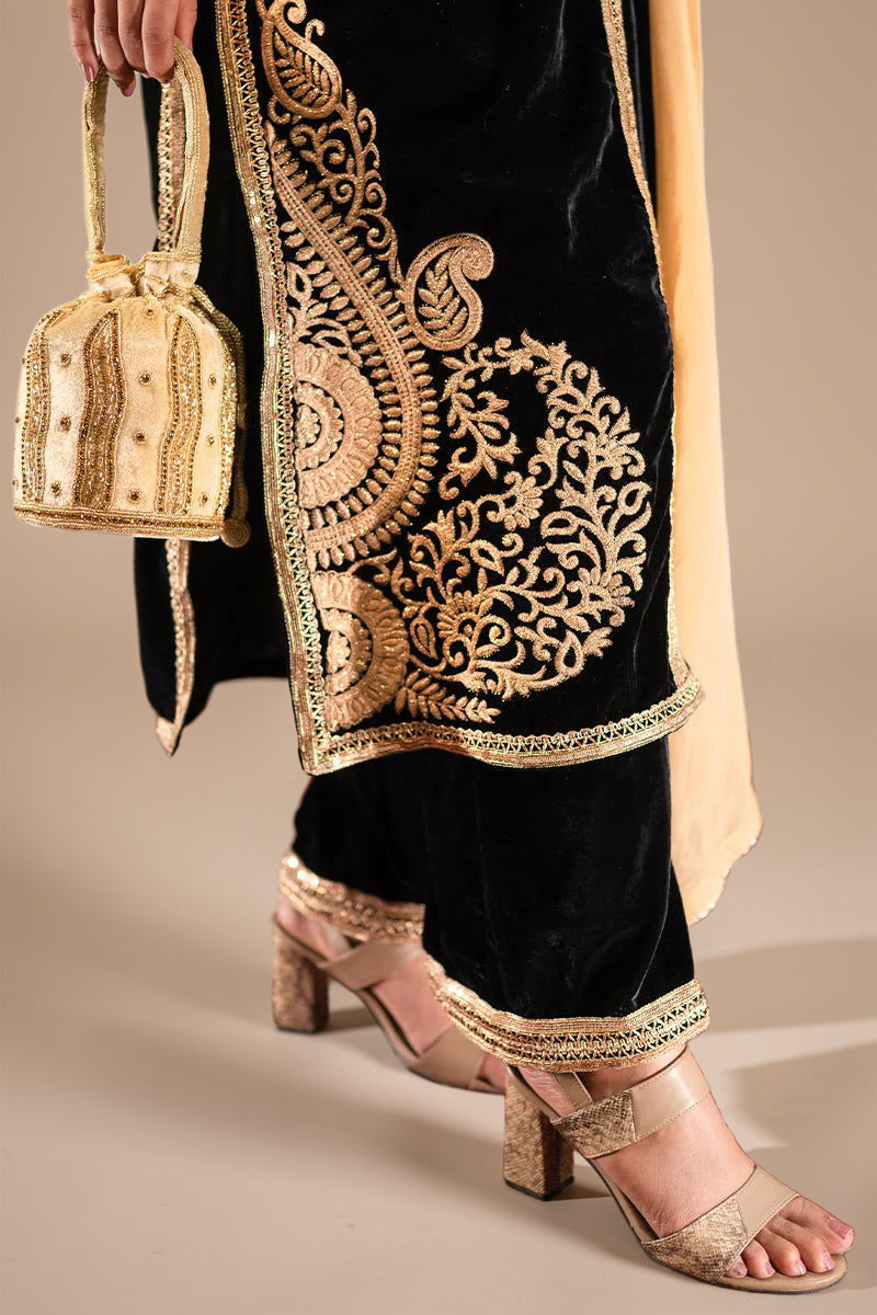 Black Velvet Long Embroidered Suit