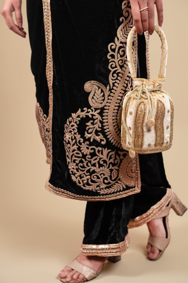 Black Velvet Long Embroidered Suit