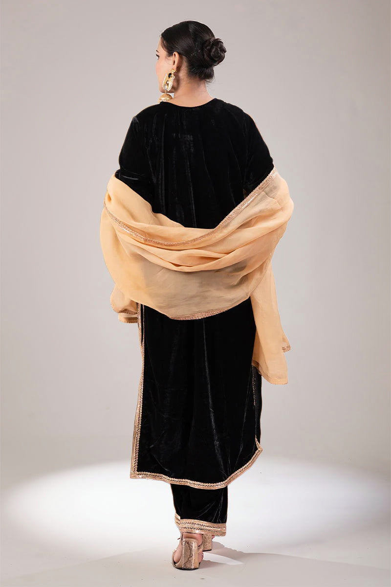 Black Velvet Long Embroidered Suit