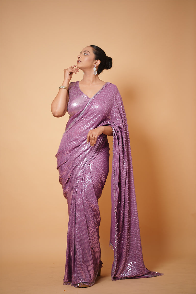 Purple All-Over Sequin Embroidery Saree With Ready To Wear Blouse