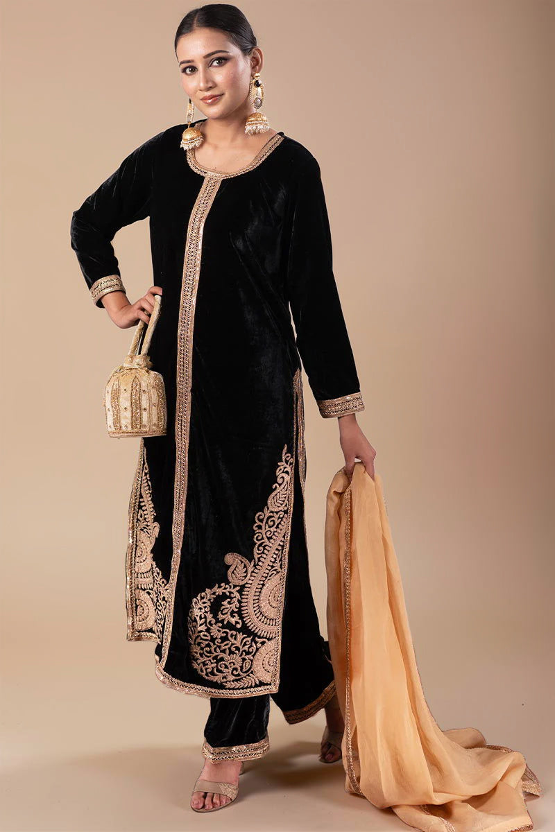 Black Velvet Long Embroidered Suit