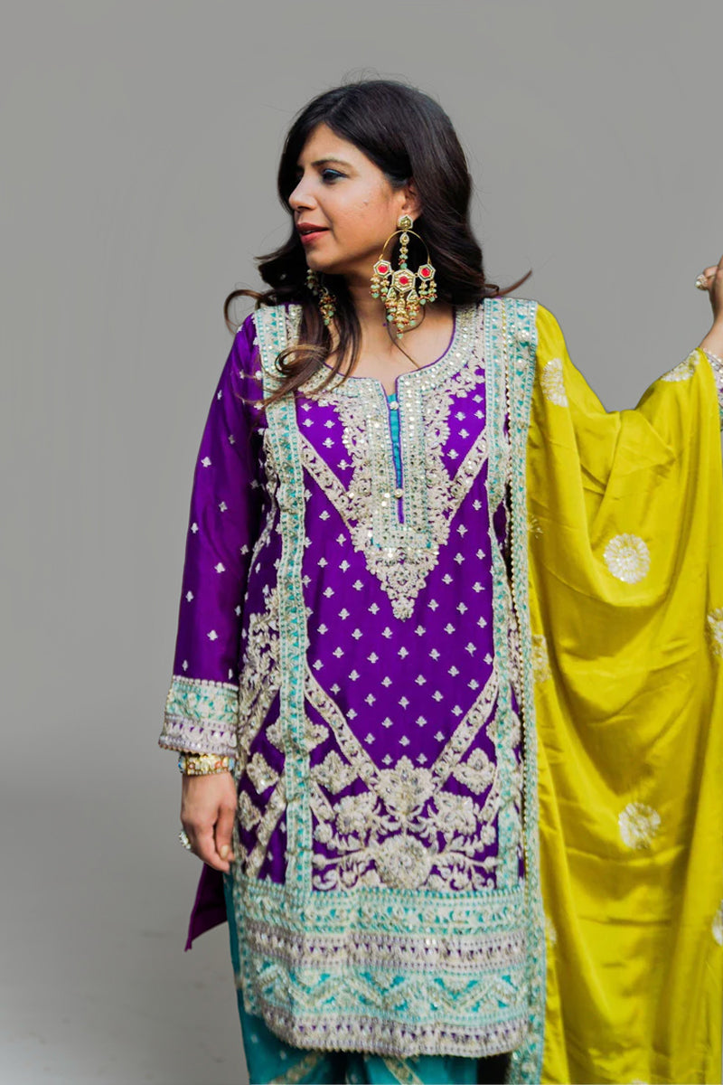 Purple Georgette Embroidered Suit with Sea Green Pants and Shiny Olive Green Dupatta
