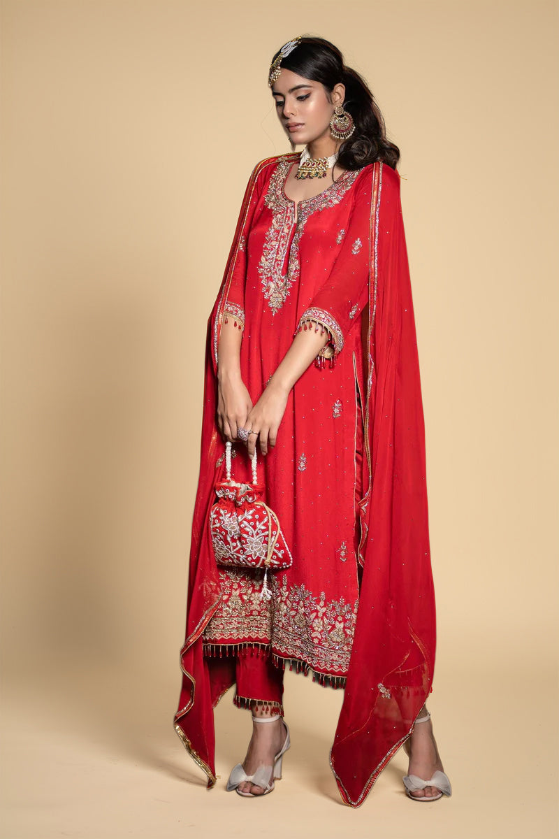 Red Heavy Zardosi Pearl Hand-Embriodered Suit