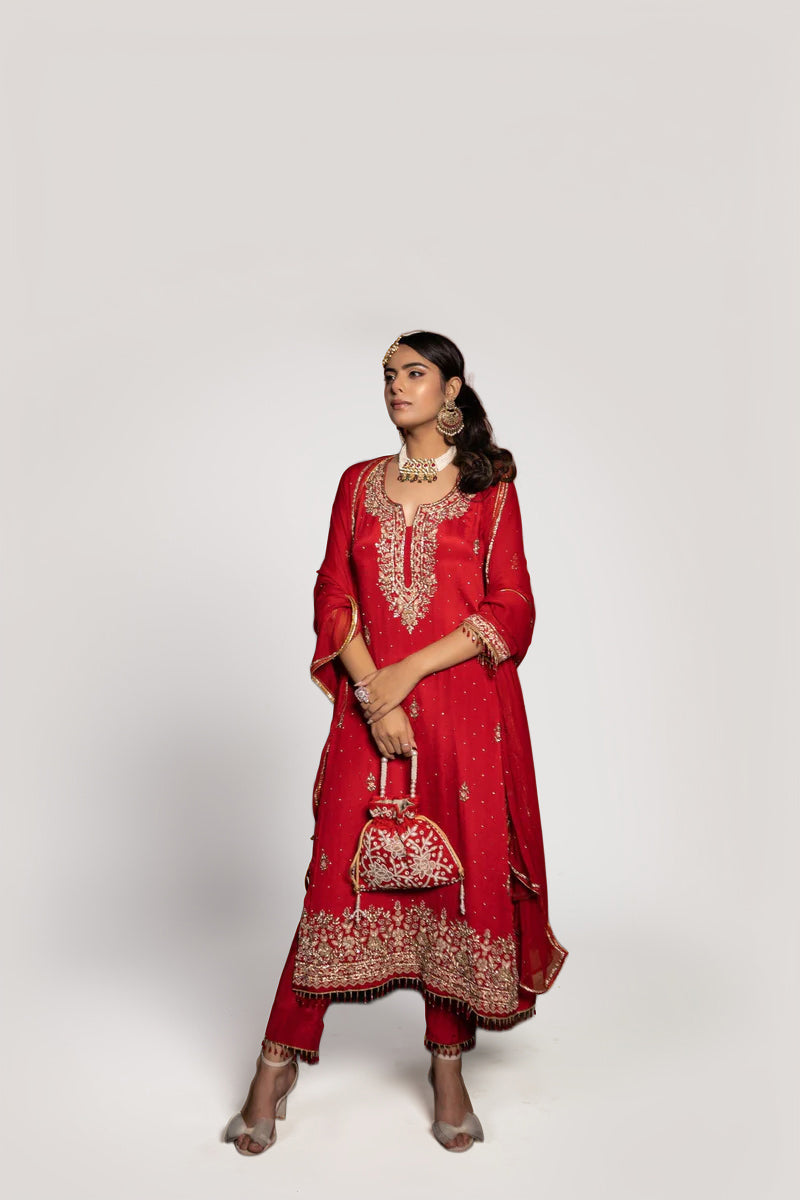 Red Heavy Zardosi Pearl Hand-Embriodered Suit