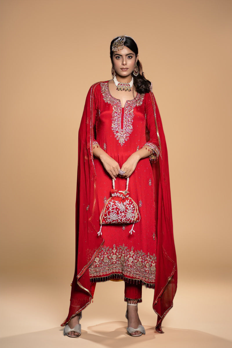 Red Heavy Zardosi Pearl Hand-Embriodered Suit