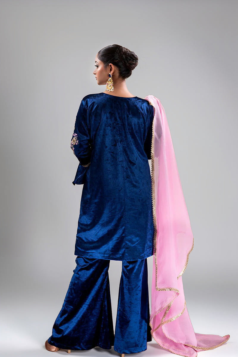 Peacock Blue Velvet Embroidered Palazzo Sets