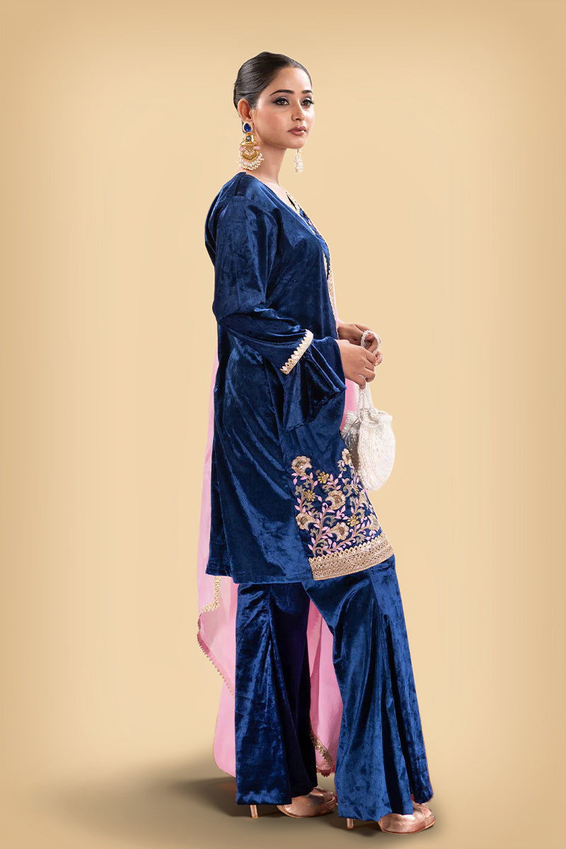 Peacock Blue Velvet Embroidered Palazzo Sets