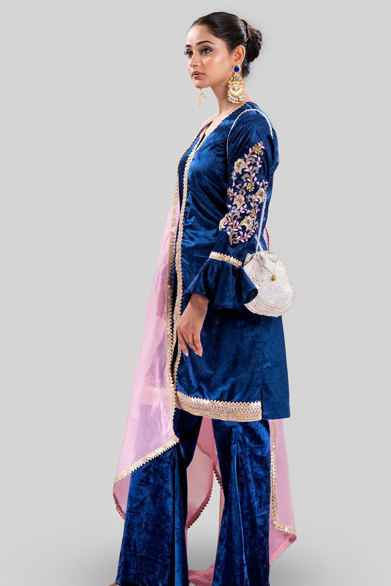 Peacock Blue Velvet Embroidered Palazzo Sets