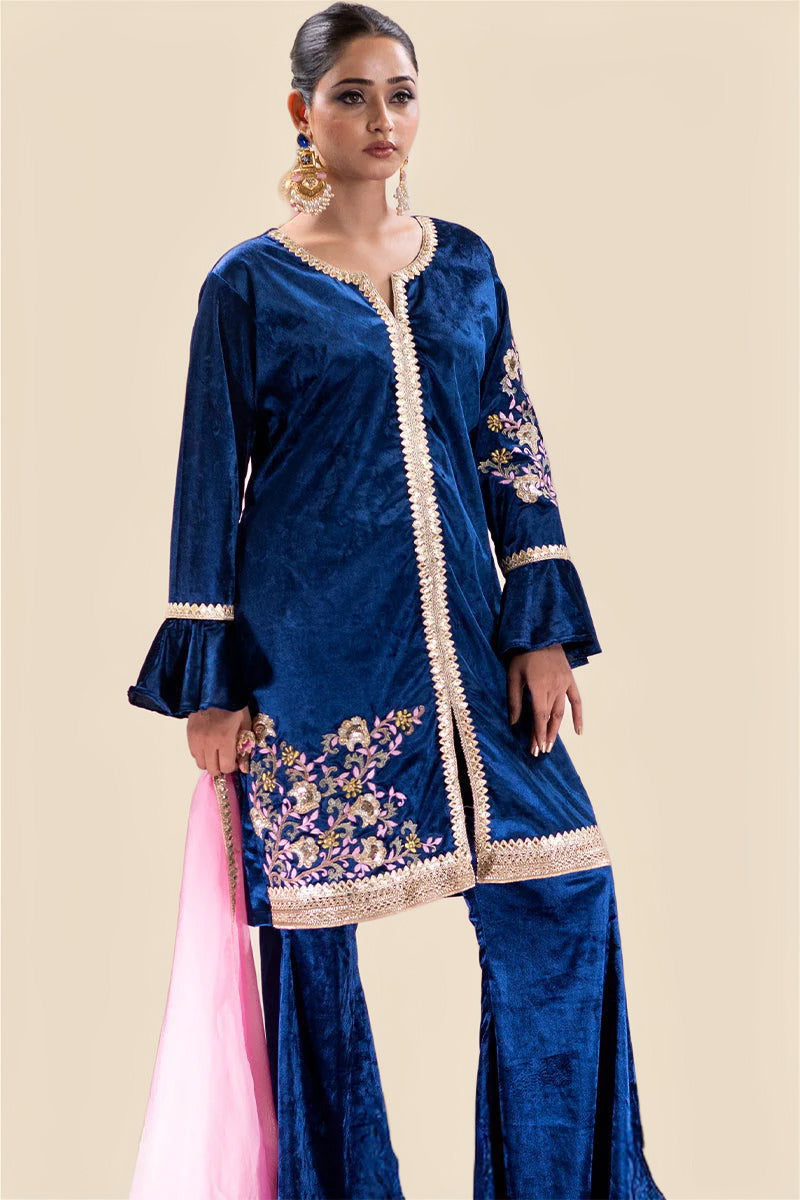 Peacock Blue Velvet Embroidered Palazzo Sets